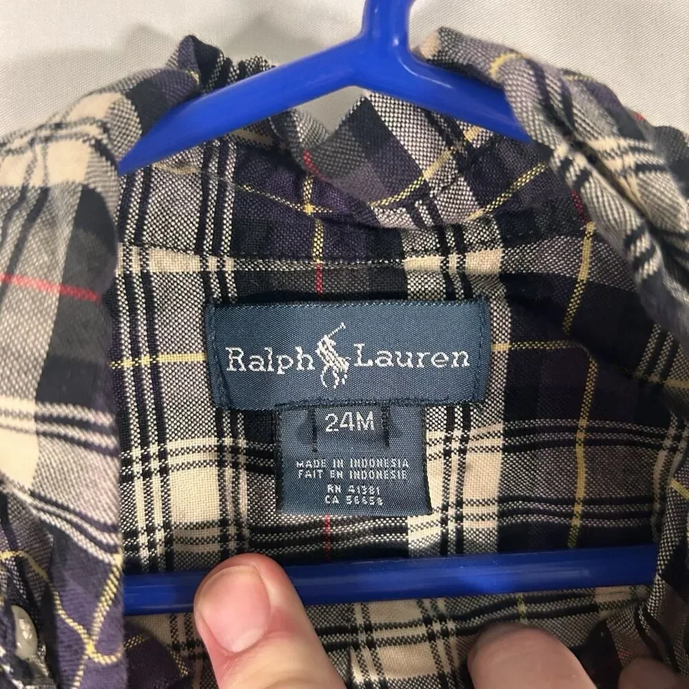 Ralph Lauren Shirt Infant 24M Blue Plaid Long Sleeve Button Up 100% Cotton